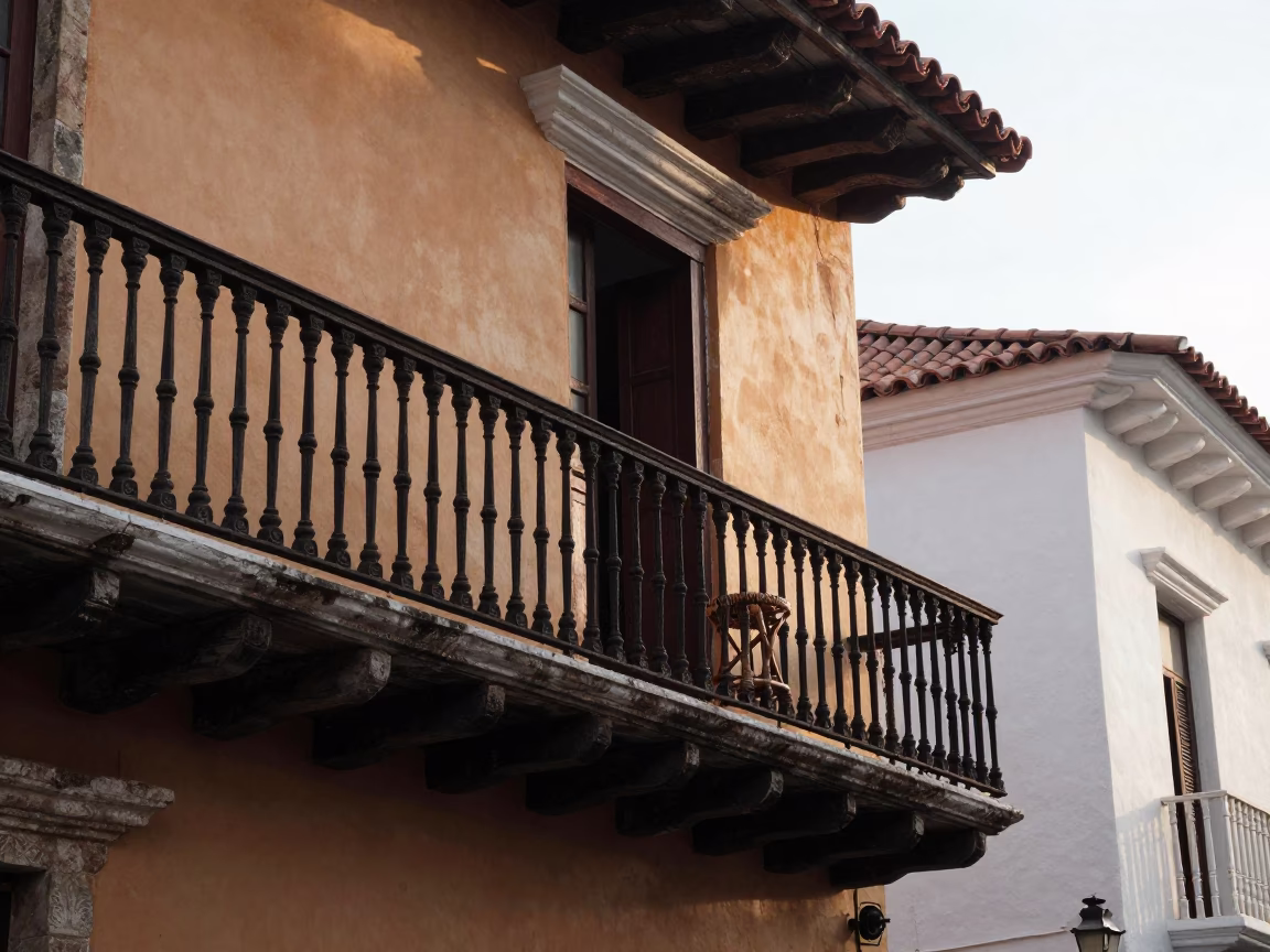 First Light Illuminates Colonial Balcony with Rattan Stool in Cartagena Colombia High Fashion in in Cartagena, Colombia