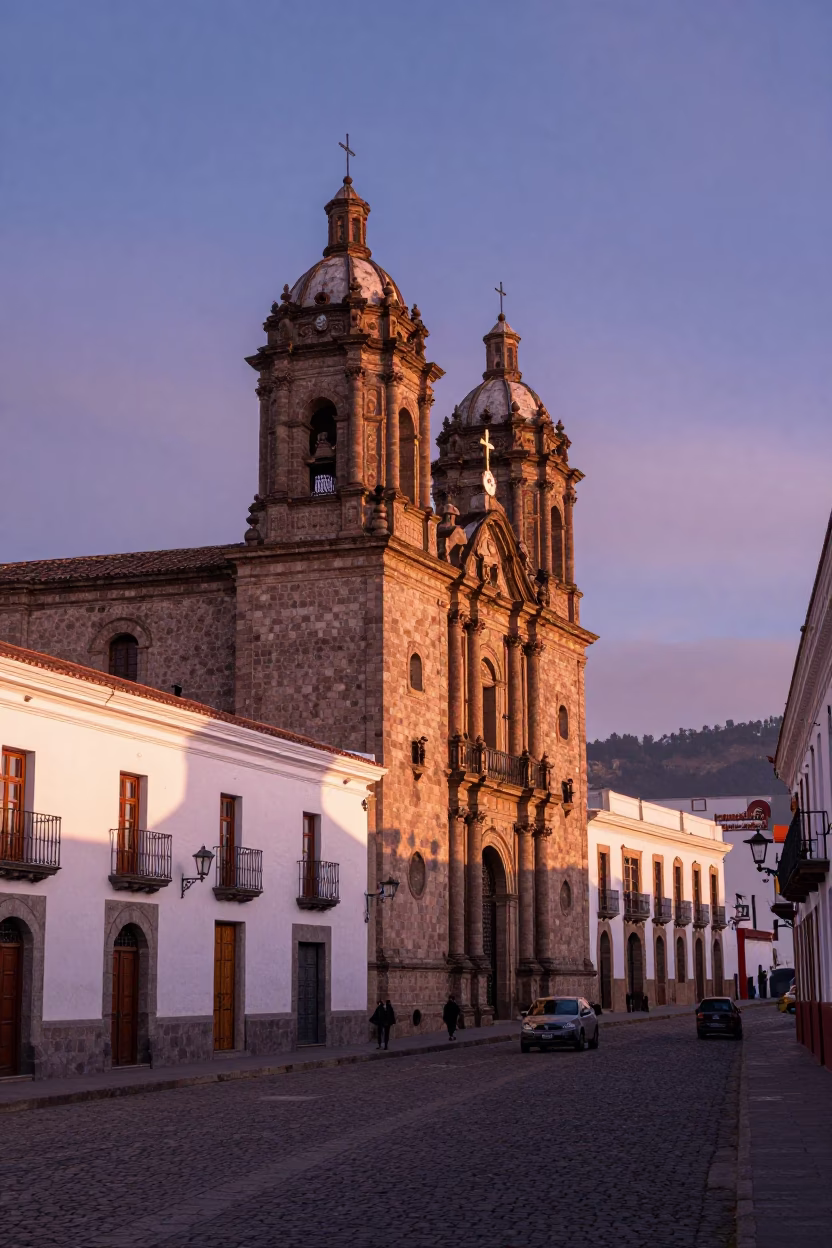 First Light Illuminates Colonial Quito Architecture and Urban Streetscape in Ecuador in in Quito, Ecuador