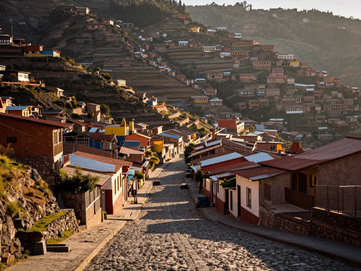 First Light Illuminates Colorful La Paz Hillside Streets and Local Market Activity in in La Paz, Bolivia