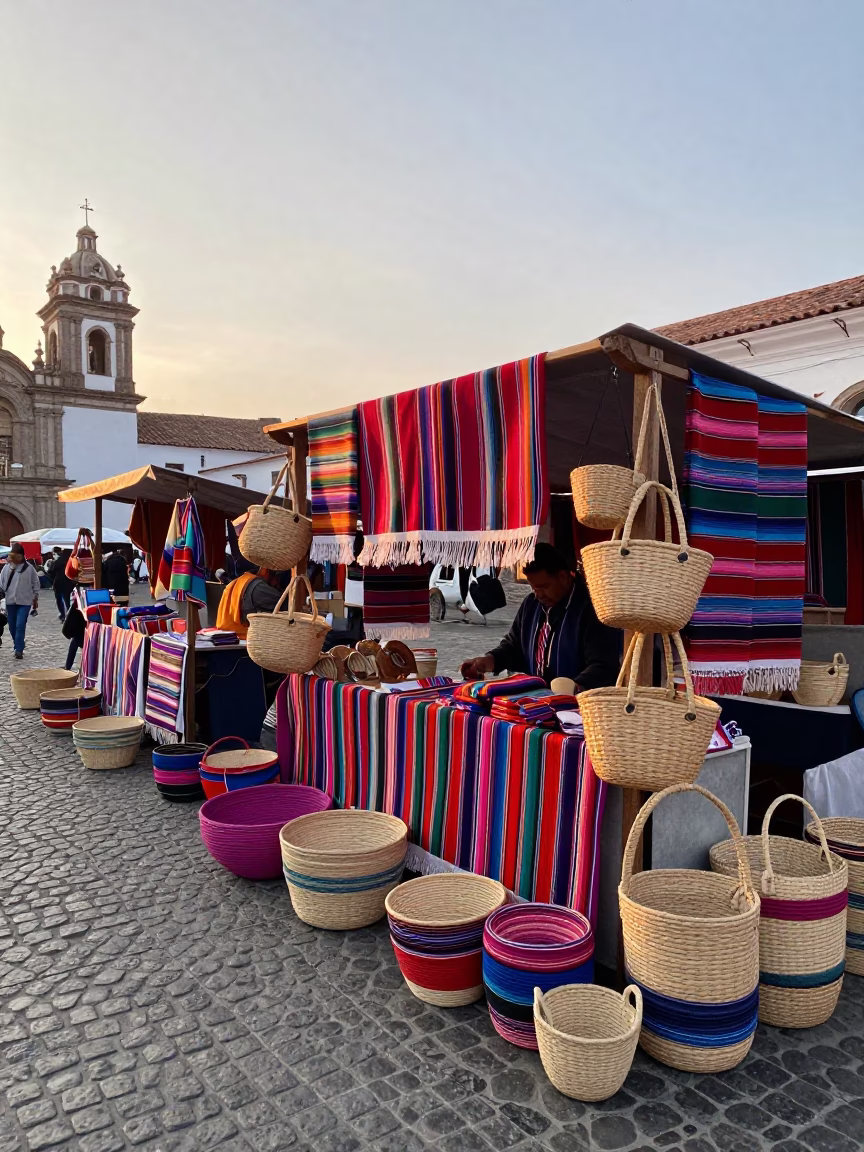 First light illuminates colorful woven baskets in Quito Ecuador market in in Quito, Ecuador