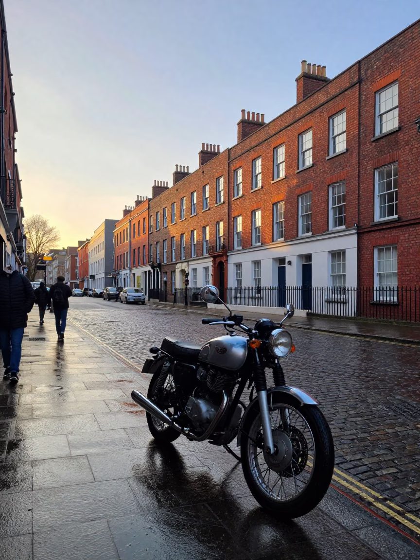 First Light Illuminates Dublin Street Scene with Vintage Motorcycle and Local Life in in Dublin, Ireland