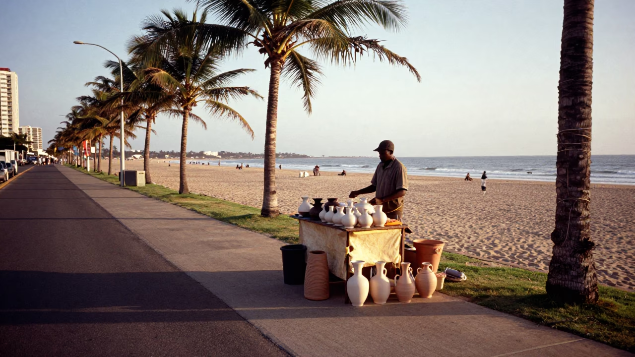First Light Illuminates Durban Beachfront Street Vendor Selling Ceramic Mugs and Coffee in in Durban, South Africa