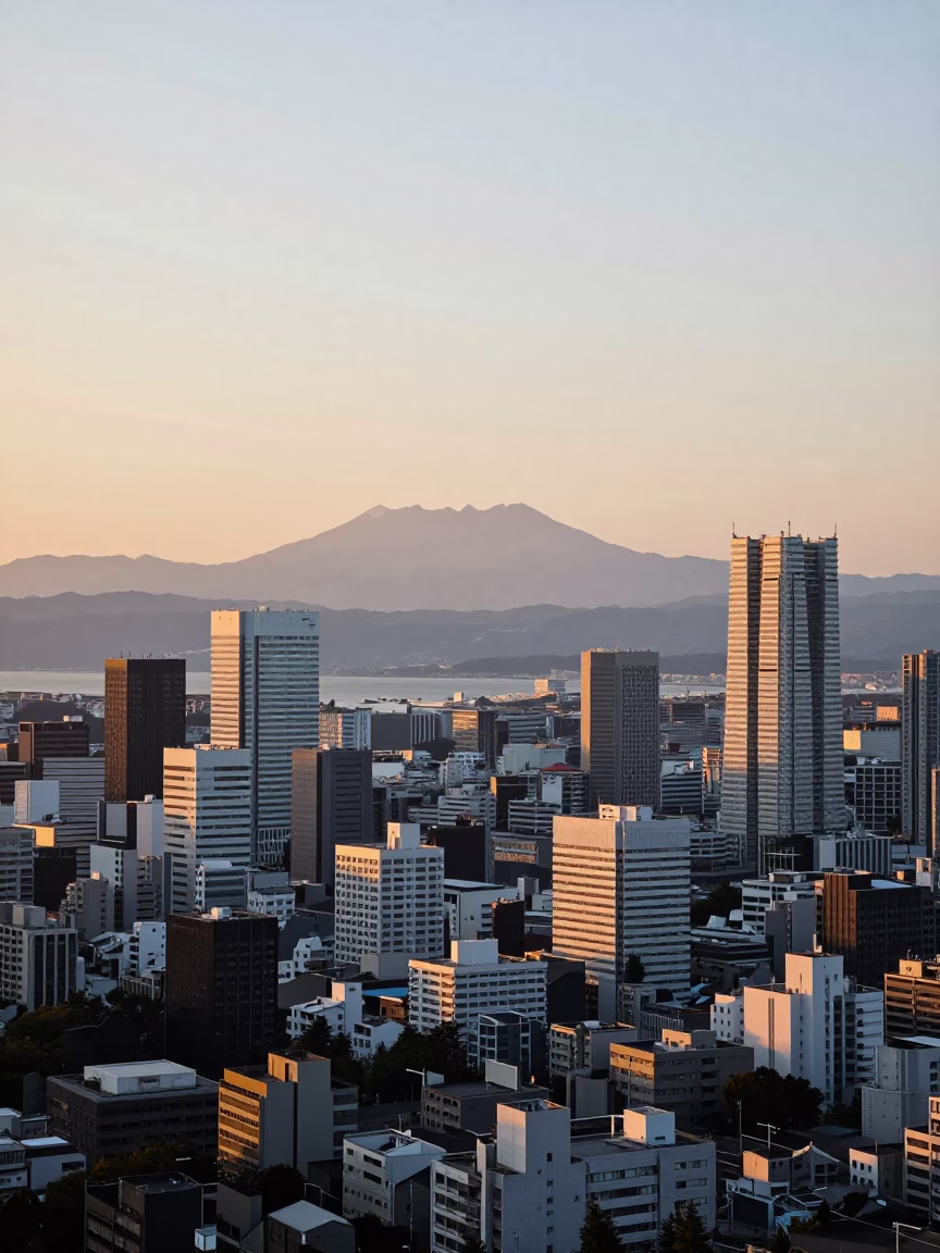 First light illuminates Fukuoka cityscape with distant mountain backdrop and urban details in in Fukuoka, Japan