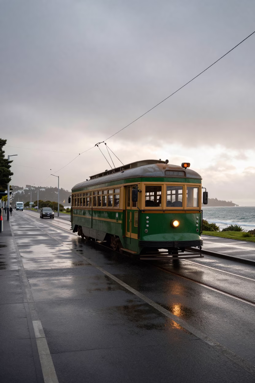 First light illuminates heritage tram on rain-swept Christchurch coastal promenade in in Christchurch, New Zealand