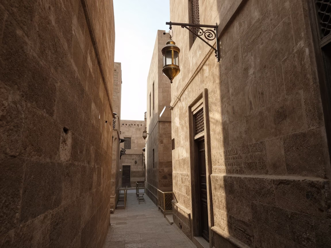 First Light Illuminates Historic Cairo Alleyway with Traditional Lanterns and Stone Architecture in in Cairo, Egypt