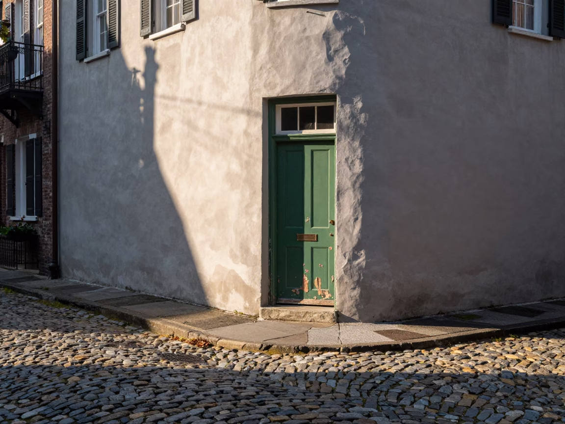 First Light Illuminates Historic Charleston Cobblestone Street Corner in in Charleston, South Carolina, United States