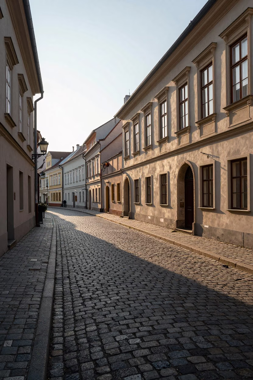 First Light Illuminates Historic Cobblestone Street and Vintage Shop Window in Krakow Poland Morning in in Krakow, Poland