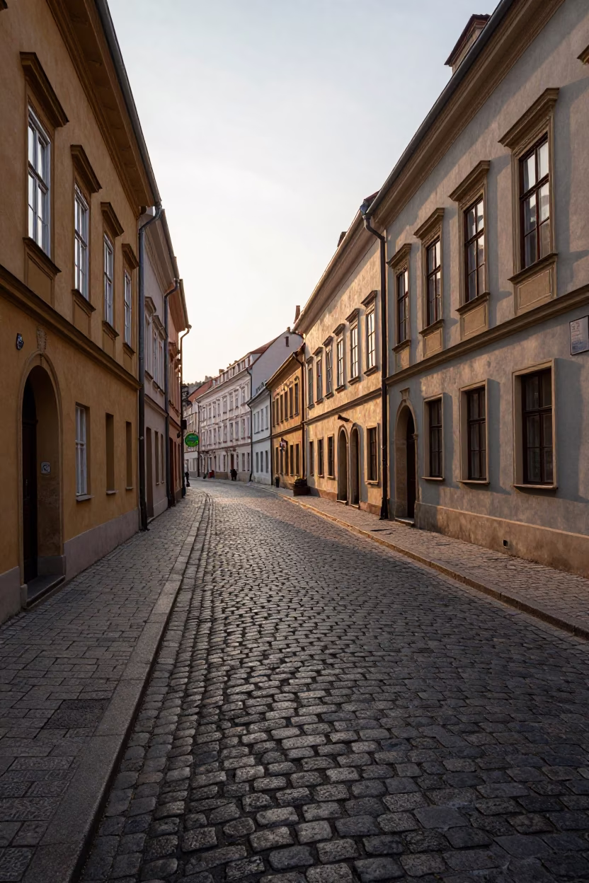 First light illuminates historic cobblestone street in Krakow Poland near Main Market Square in in Krakow, Poland