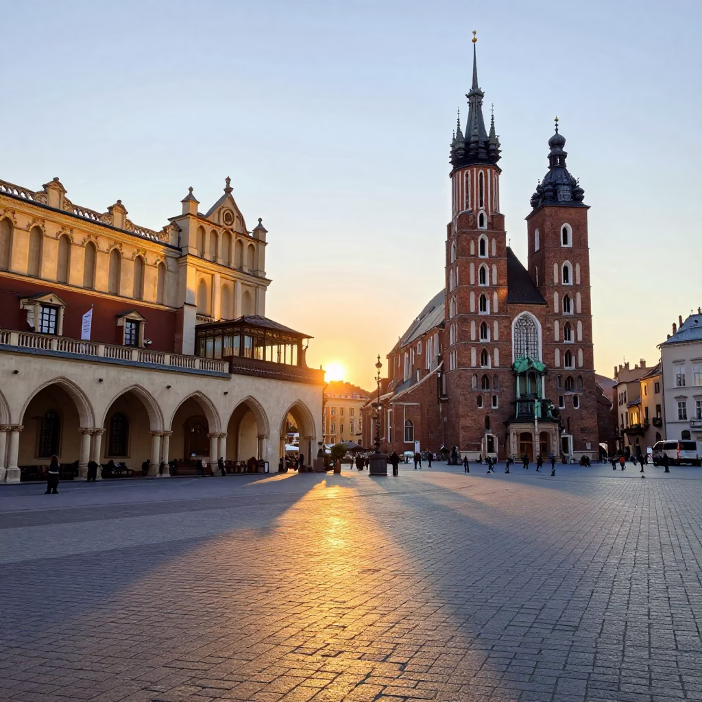 First light illuminates historic Krakow square with traditional Polish architecture and street vendors in in Krakow, Poland