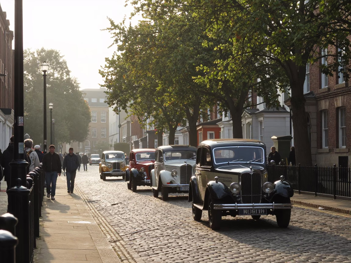 First Light Illuminates Historic Liverpool Street Scene with Vintage Car Rally Participants in in Liverpool, United Kingdom