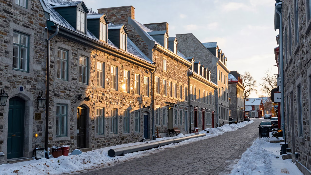 First Light Illuminates Historic Quebec City Stone Facades and District Heating Infrastructure in in Quebec City, Quebec, Canada