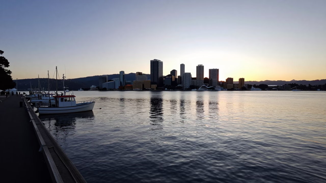 First Light Illuminates Hobart Waterfront and Mount Wellington in in Hobart, Tasmania, Australia