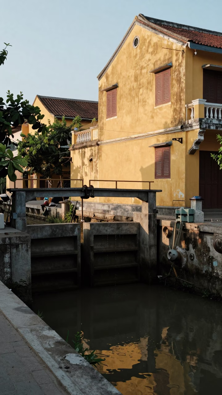 First light illuminates Hoi An canal with sluice gate dripping and muddy edges in in Hoi An, Vietnam