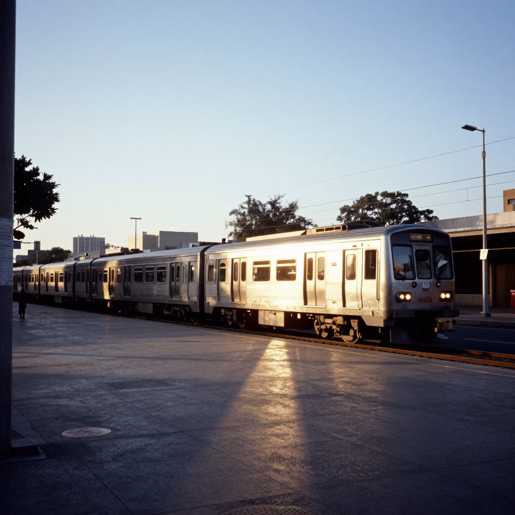 First light illuminates Johannesburg CBD street corner with metro train emerging from tunnel in in Johannesburg, South Africa