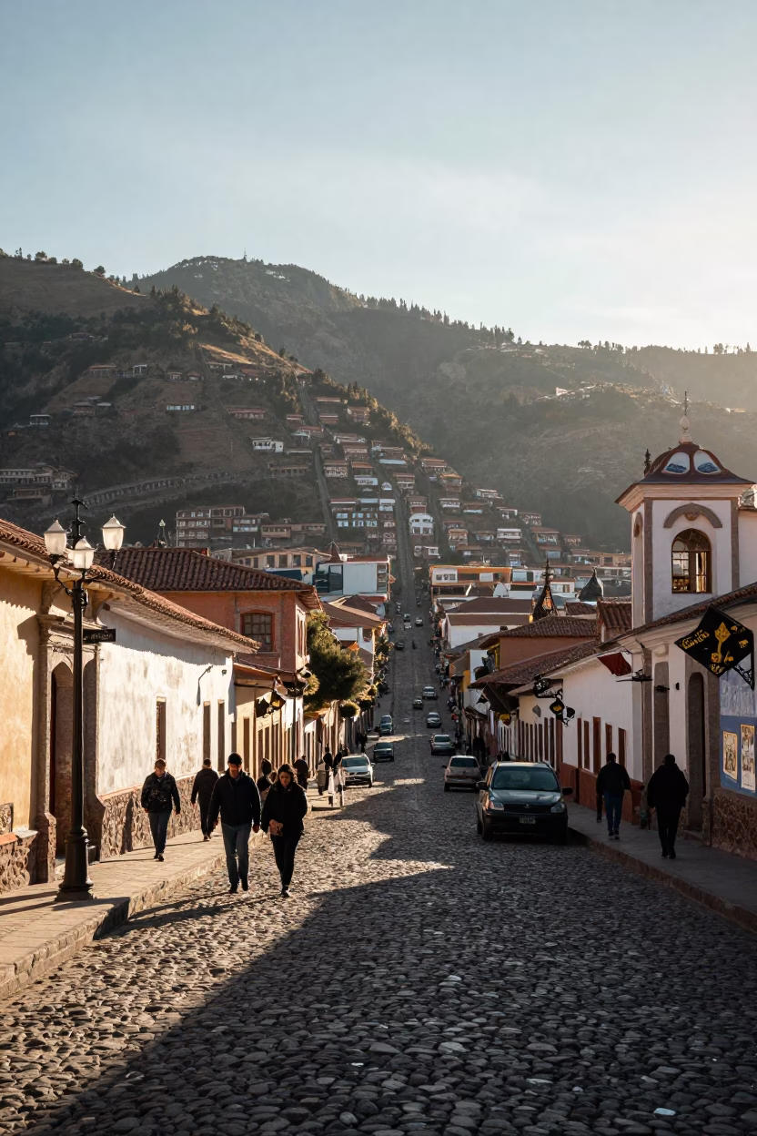 First Light Illuminates La Paz Bolivia Street Scene with Vintage Majolica Plate in in La Paz, Bolivia