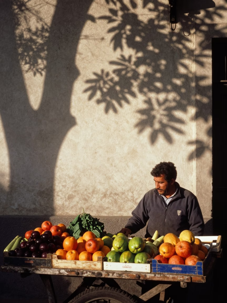 First light illuminates leaf shadows on plaster wall in Buenos Aires Argentina street scene in in Buenos Aires, Argentina
