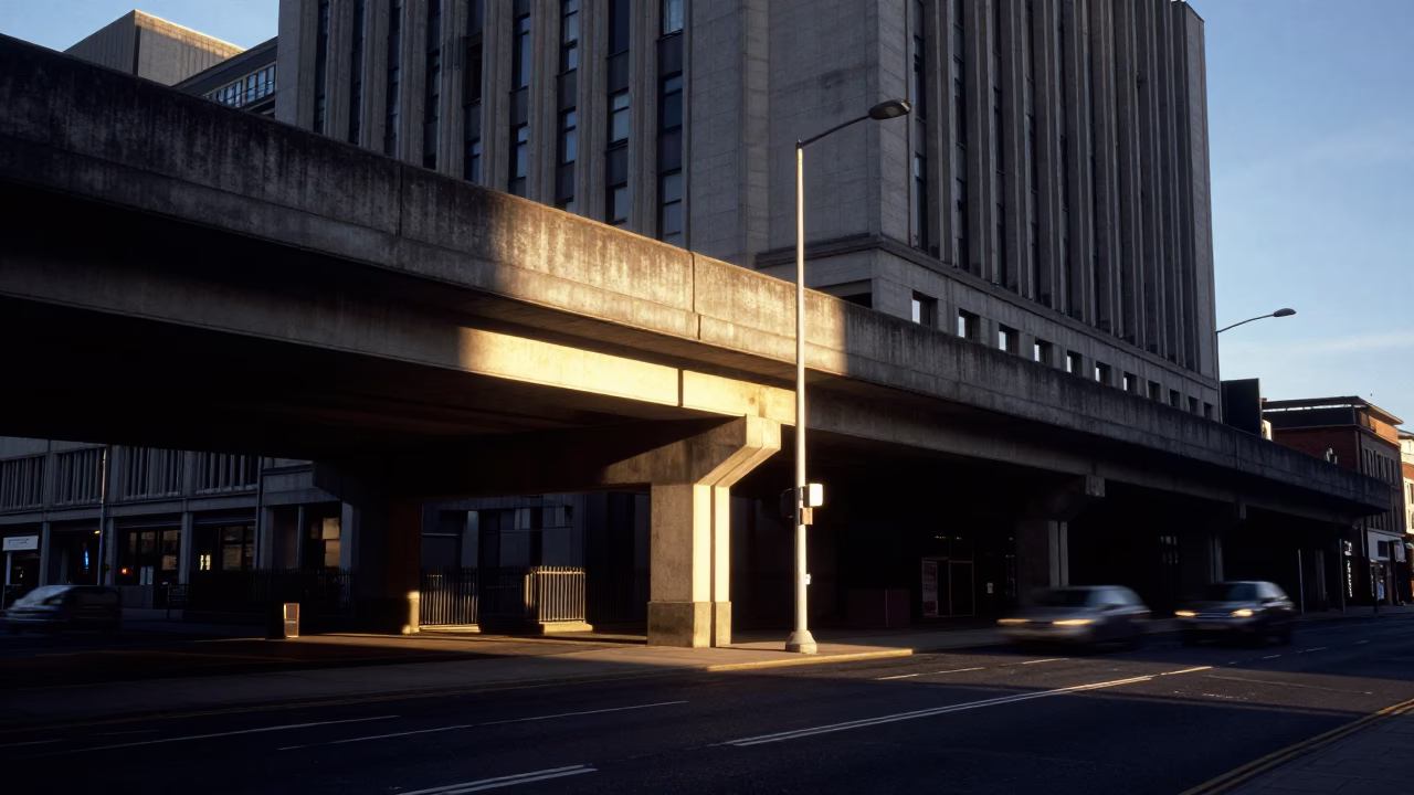 First Light Illuminates Liverpool Street Scene with Brutalist Architecture and Urban Texture in in Liverpool, United Kingdom