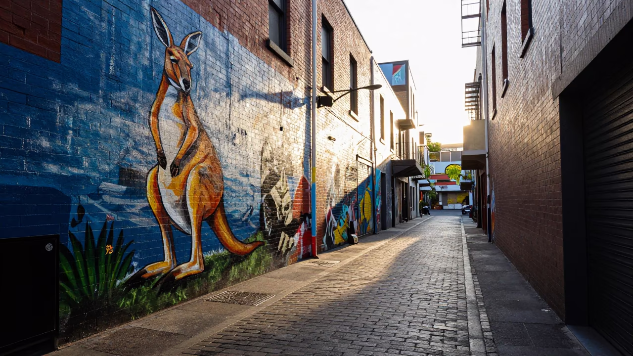 First light illuminates Melbourne laneway with local street art and vintage bicycles in in Melbourne, Victoria, Australia