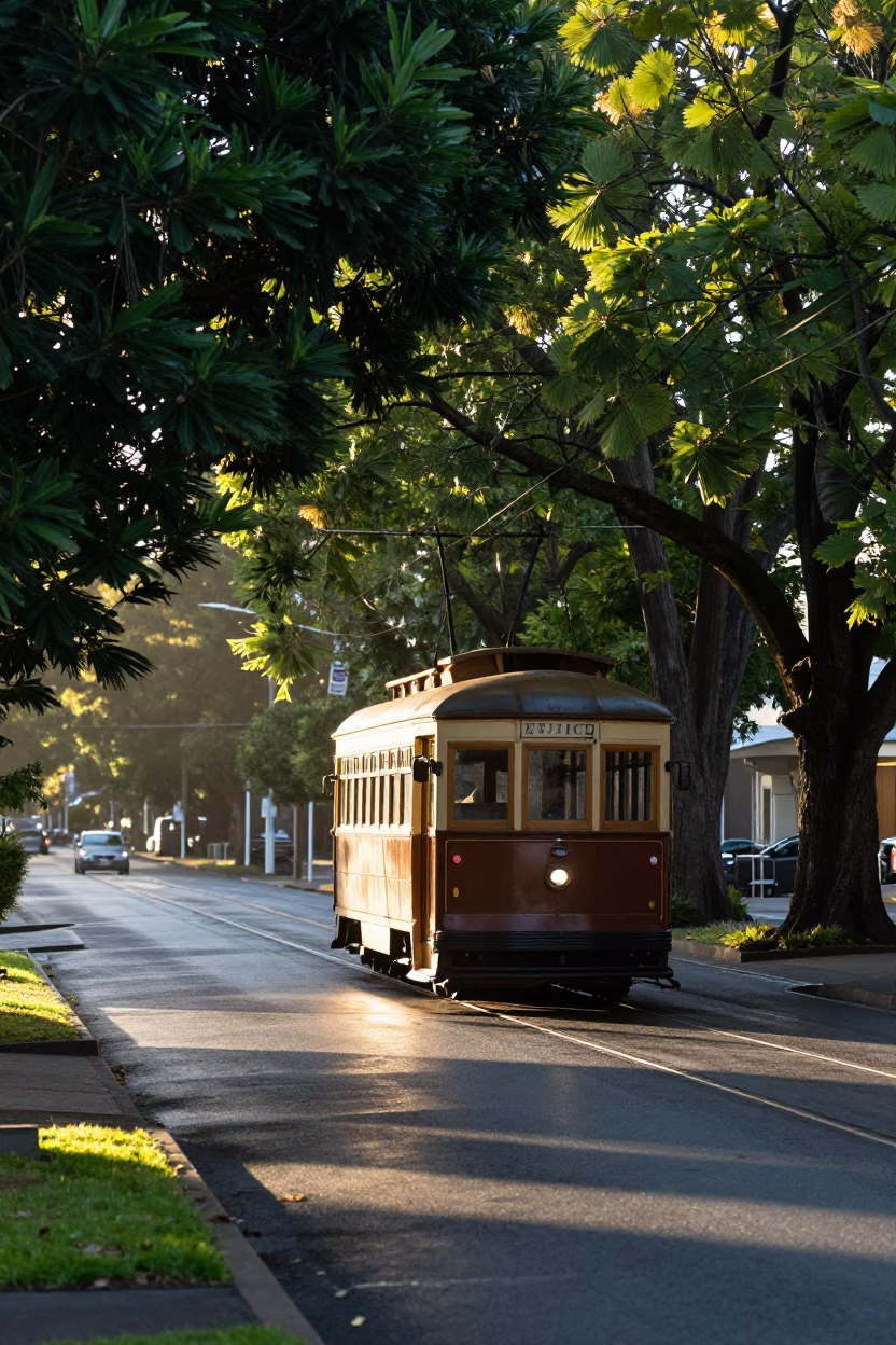 First Light Illuminates Old Trolley on Tree-Lined Avenue in Hobart Tasmania Australia in in Hobart, Tasmania, Australia