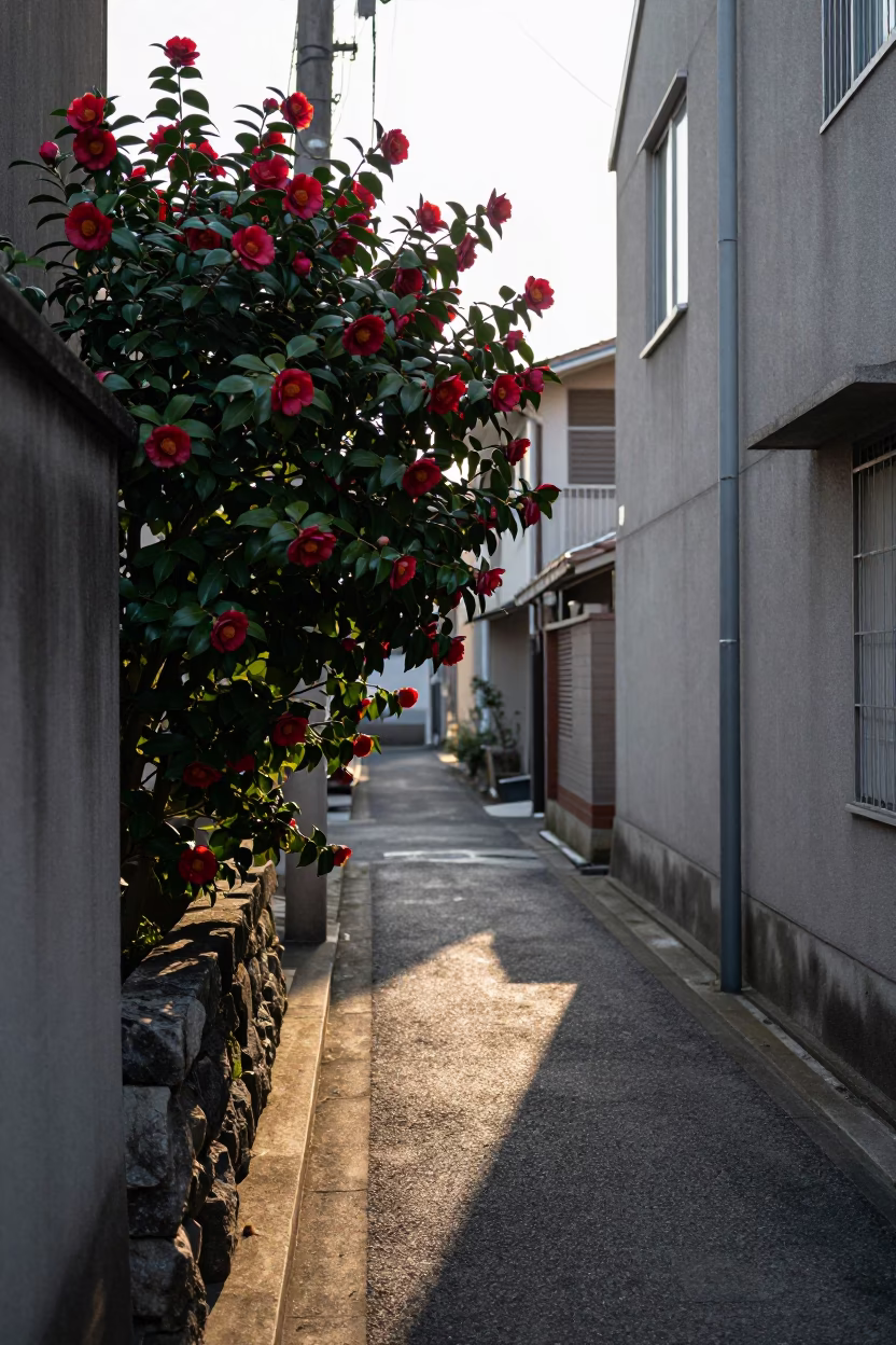 First Light Illuminates Osaka Alleyway with Camellia Shrub and Vintage Details in in Osaka, Japan