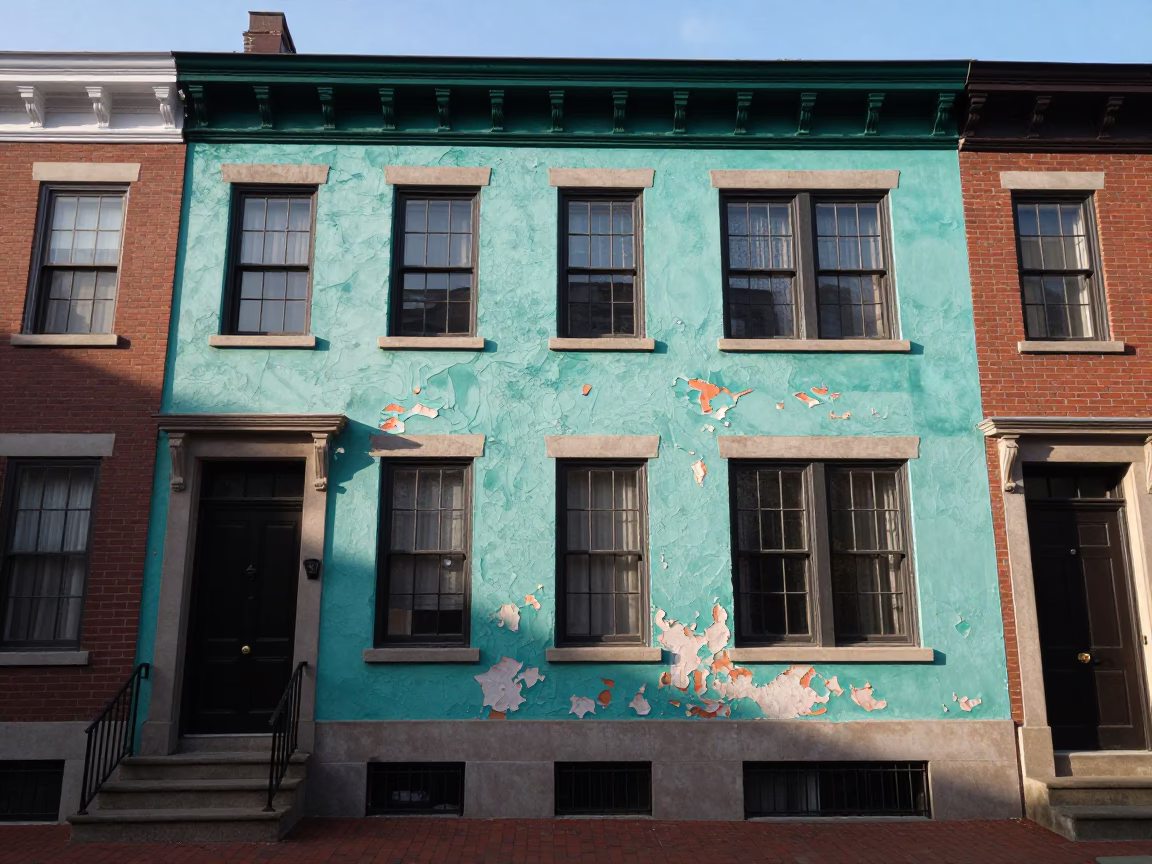 First light illuminates peeling turquoise paint on historic Boston row house facade in in Boston, Massachusetts, United States