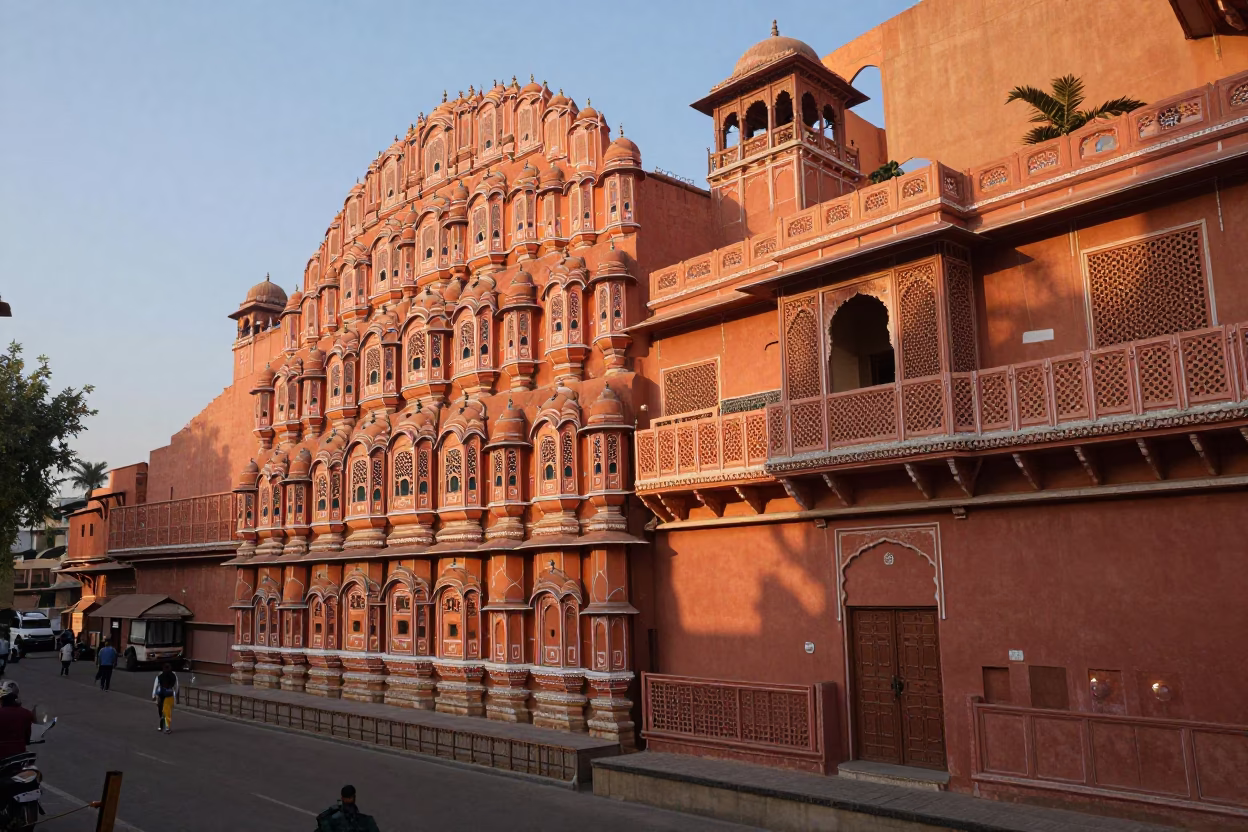First Light Illuminates Pink Sandstone Architecture and Street Life in Jaipur India in in Jaipur, India