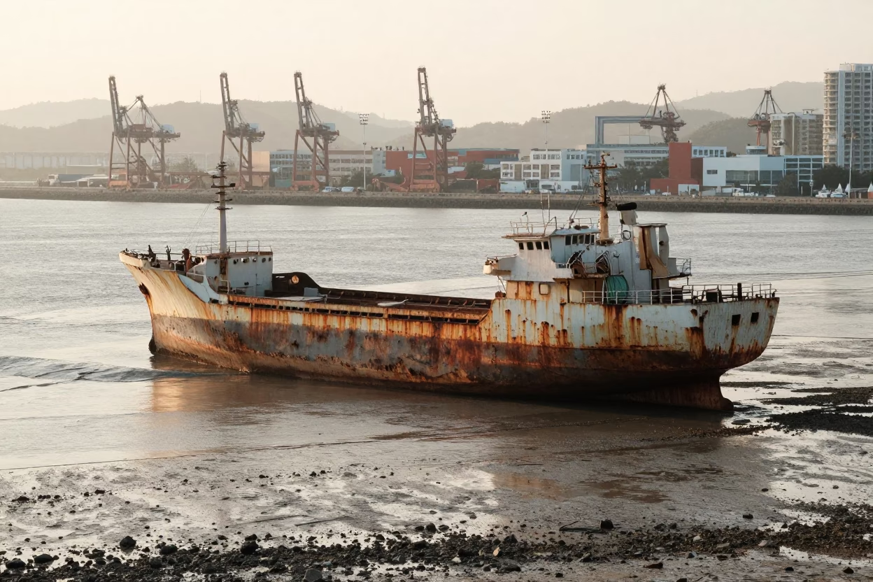 First Light Illuminates Rusting Ship and Tidal Flats in Kaohsiung Harbor Taiwan in in Kaohsiung, Taiwan