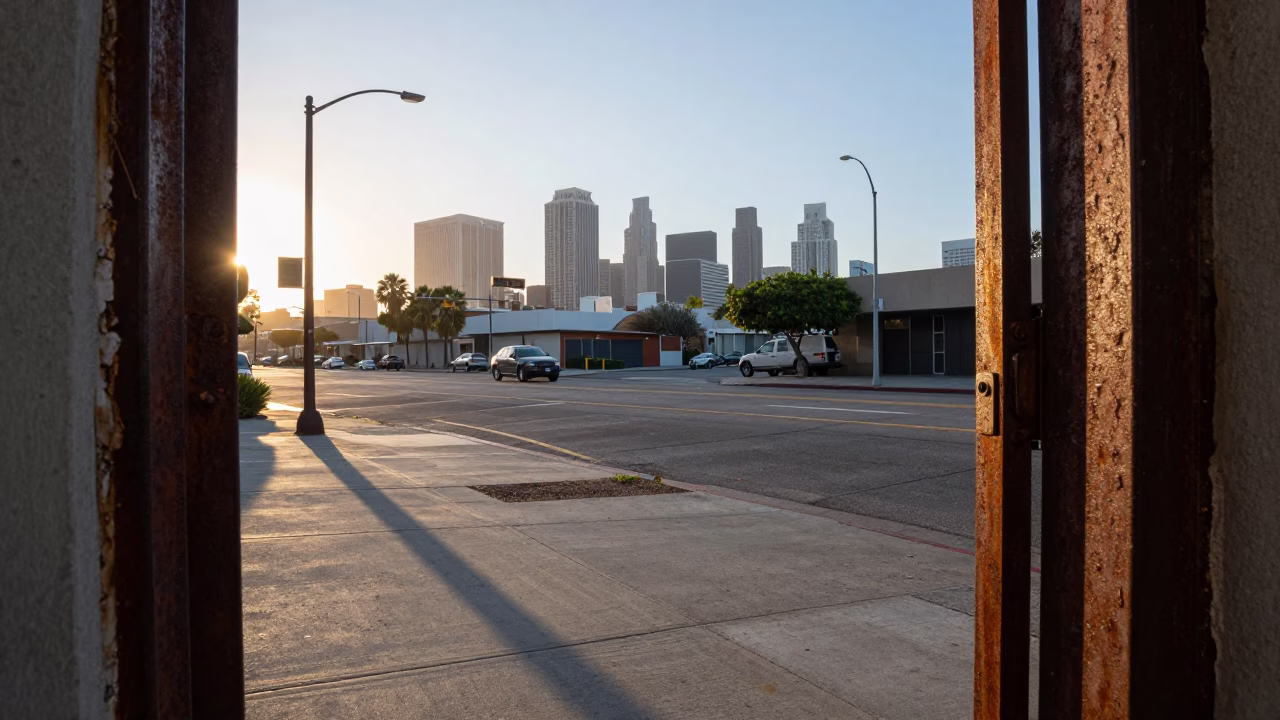 First Light Illuminates Rusty Doorframe and Urban Street Corner in Los Angeles California in in Los Angeles, California, United States