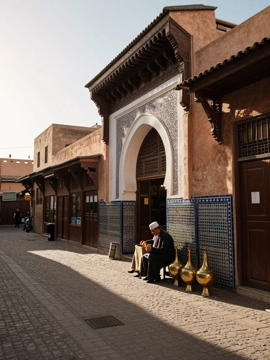 First Light Illuminates Traditional Fez Souk Artisans with Brass Escutcheons and Embroidery Hoops in in Fez, Morocco