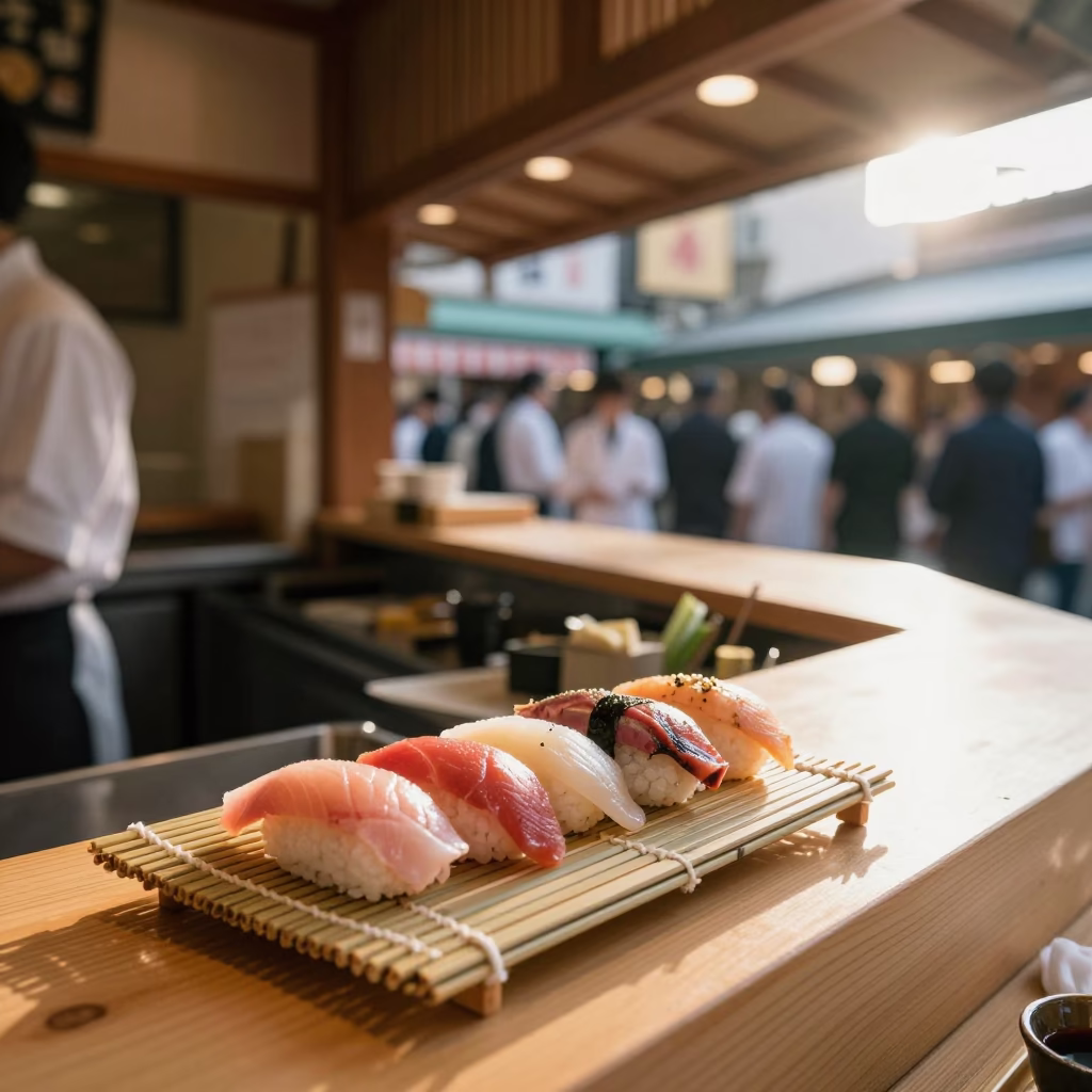 First Light Illuminates Traditional Japanese Nigiri Platter on Bamboo Mat in Osaka Market in in Osaka, Japan