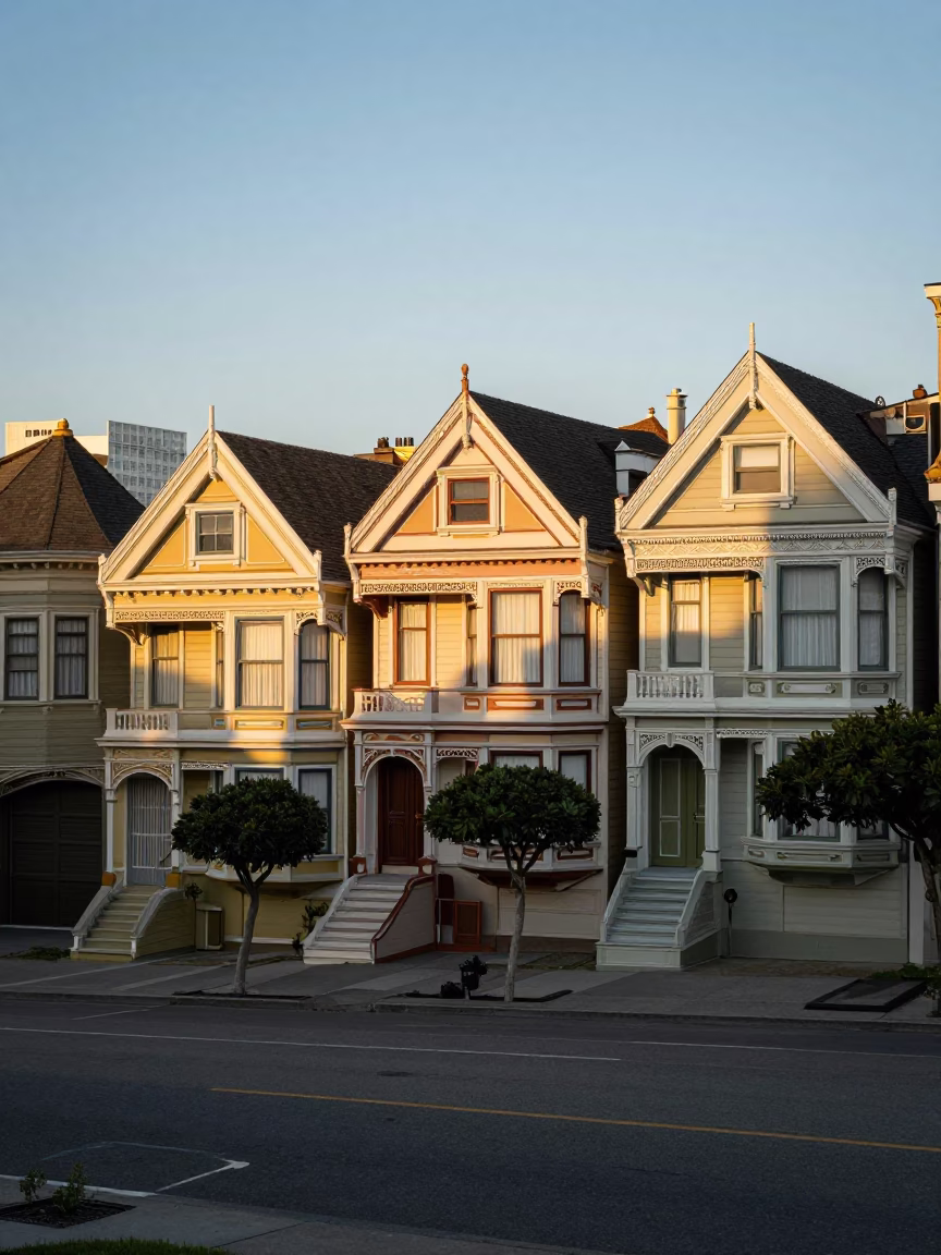 First Light Illuminates Victorian Painted Lady Victorian Architecture San Francisco Street Scene in in San Francisco, California, United States