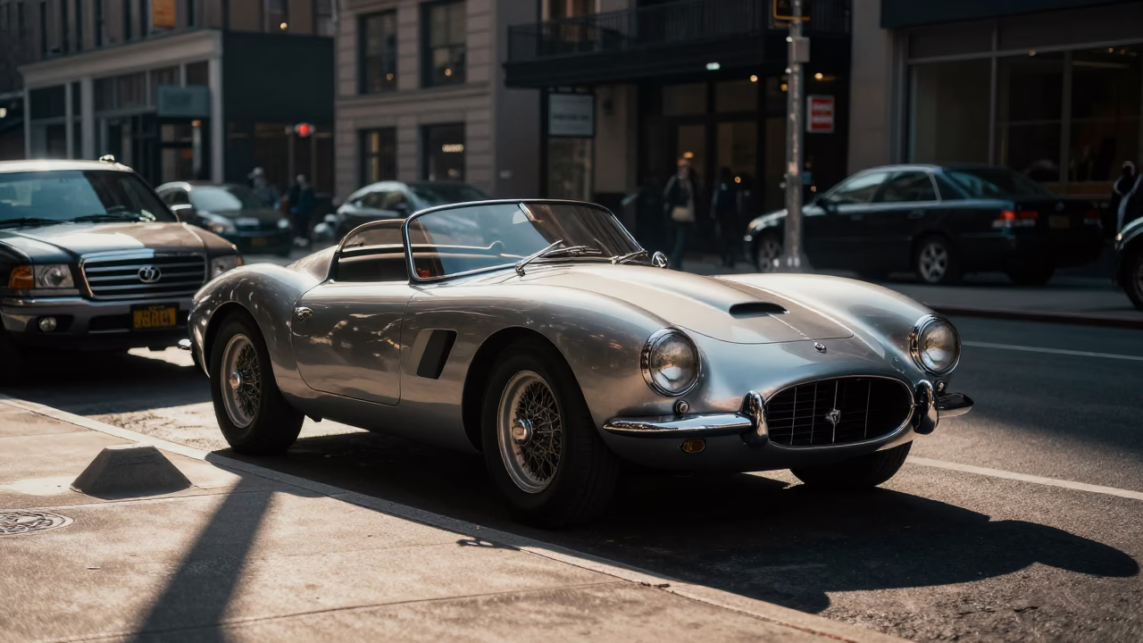 First light illuminates vintage sports car on New York city street in in New York, New York, United States
