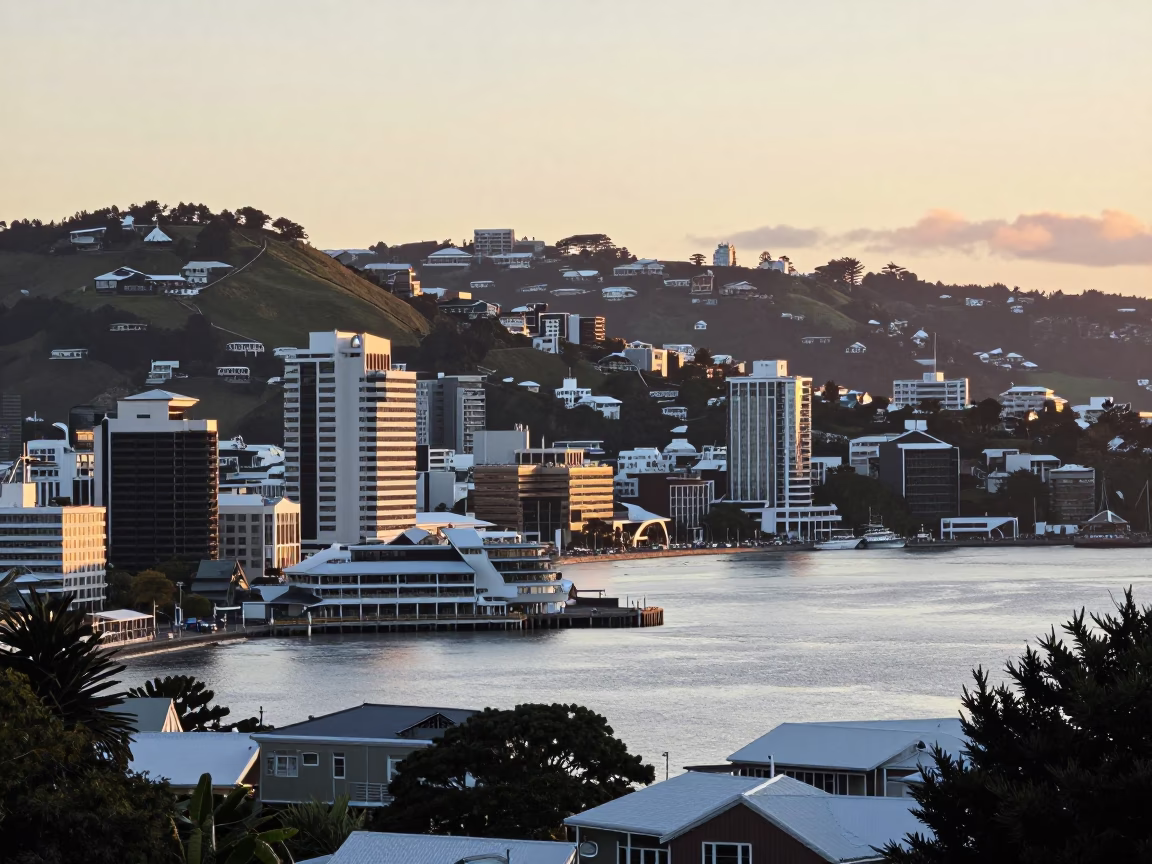 First Light Illuminates Wellington New Zealand Harbor View and Coastal Architecture in in Wellington, New Zealand