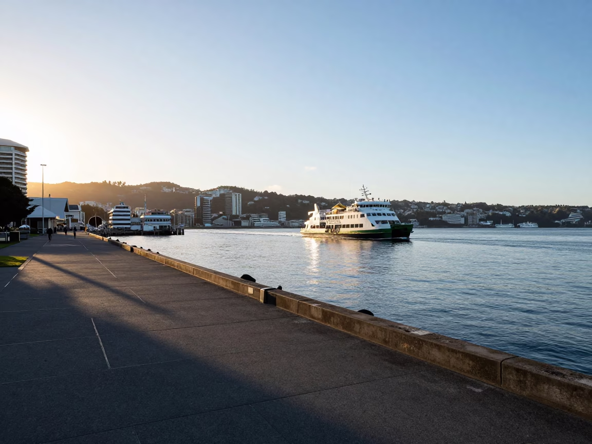 First light illuminates Wellington waterfront with ferry and harbor bridge in 1980s New Zealand in in Wellington, New Zealand