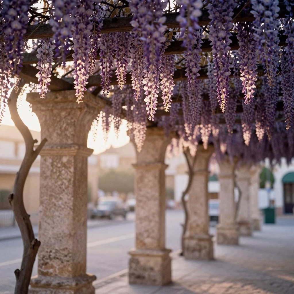 First Light Illuminates Wisteria Pergola in Valencia Spain Morning Street Scene in in Valencia, Spain