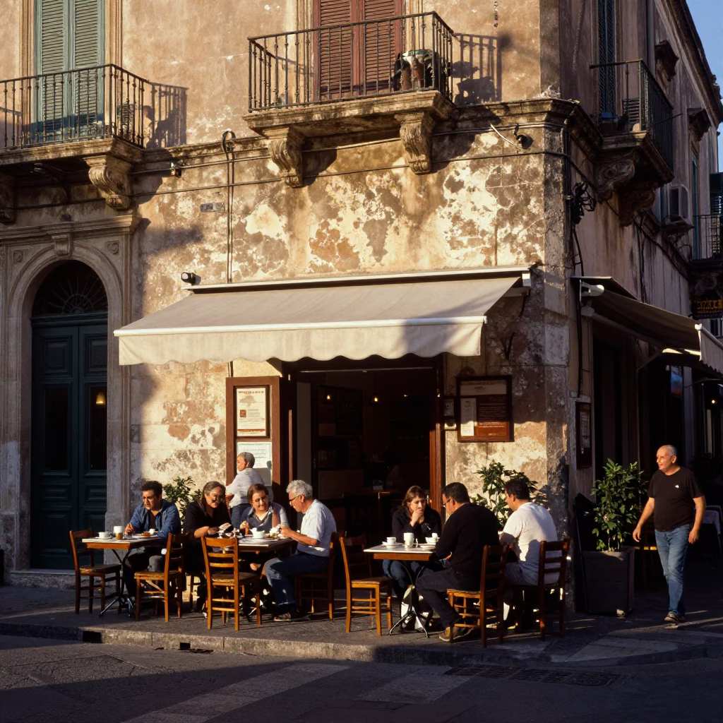 First Light Illuminating a Traditional Sicilian Cafe in Palermo Italy in in Palermo, Italy