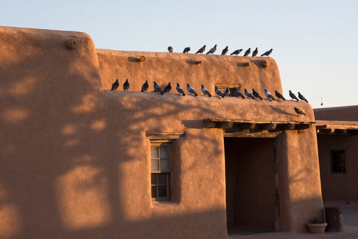 First Light Illuminating Adobe Walls and Pigeons in Santa Fe New Mexico Street Scene in in Santa Fe, New Mexico, United States