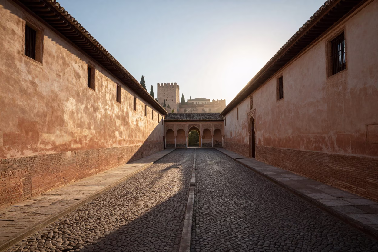 First Light Illuminating Alhambra Palace Walls and Cobblestone Street in Granada Spain in in Granada, Spain