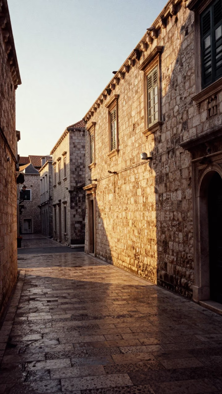 First Light Illuminating Ancient Stone Walls and Cobblestone Streets in Historic Dubrovnik Croatia in in Dubrovnik, Croatia