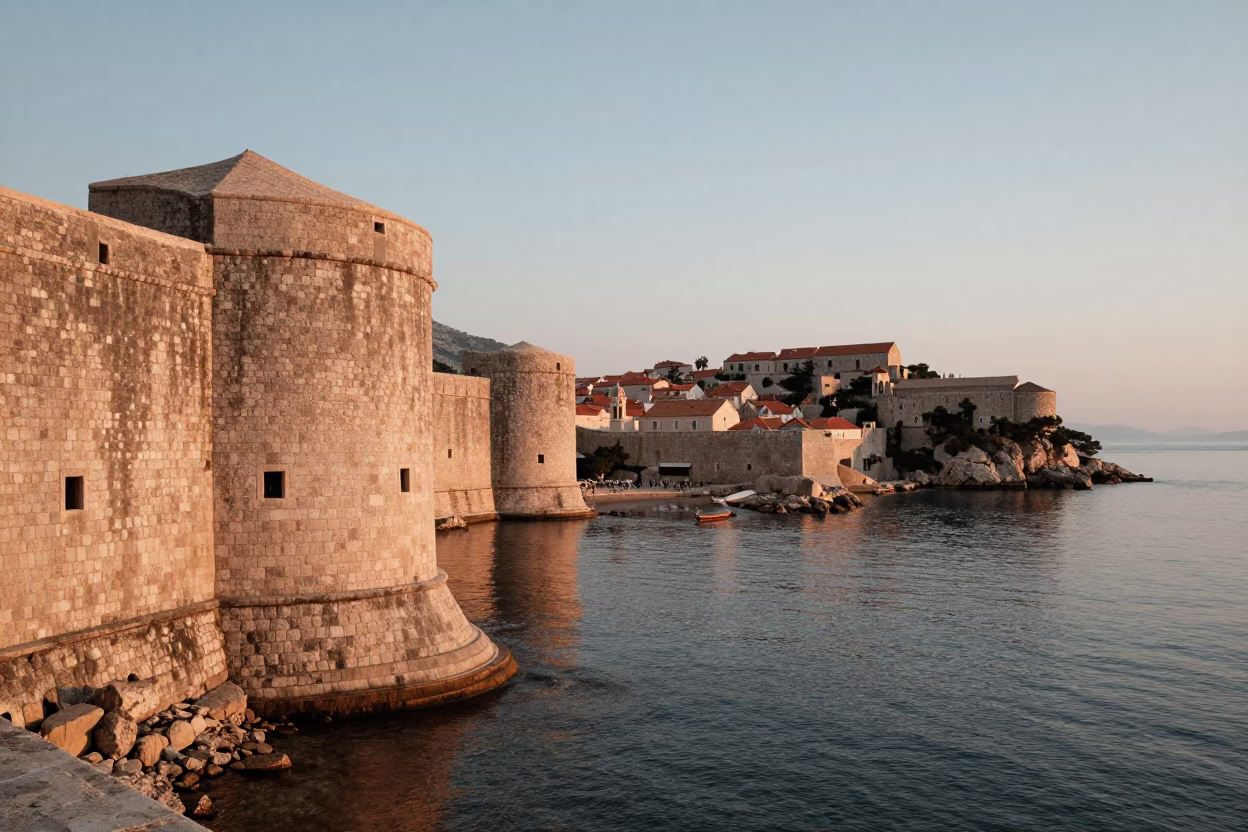 First Light Illuminating Ancient Stone Walls and Harbor in Dubrovnik Croatia in in Dubrovnik, Croatia