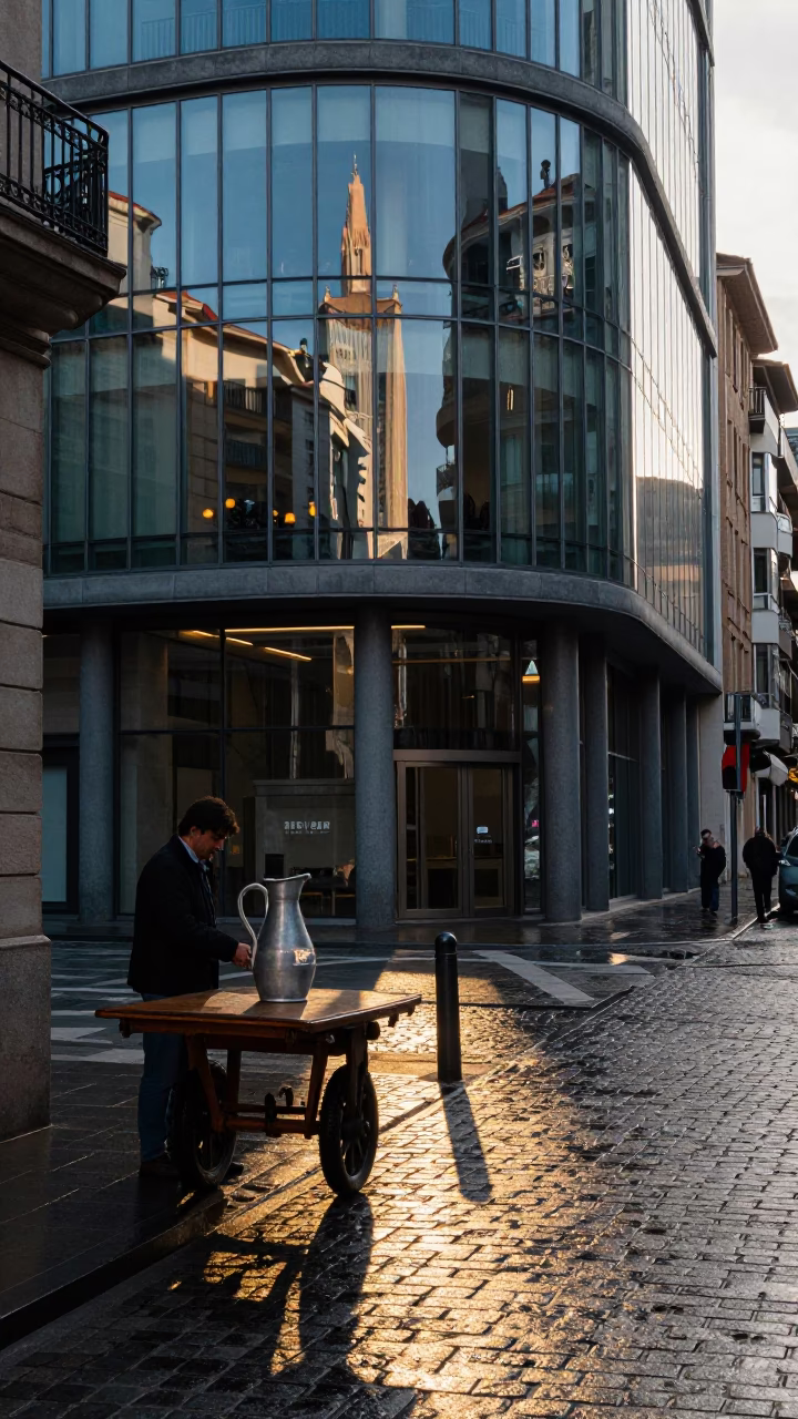 First Light Illuminating Bilbao Street Corner with Pitcher and Fruit Bowl in in Bilbao, Spain