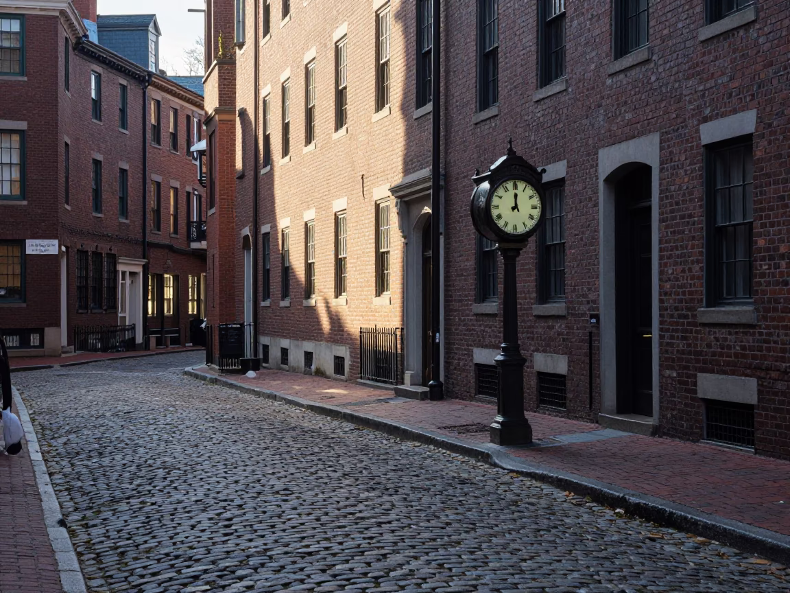 First Light Illuminating Boston Street Scene with Chess Clock and Condensation on Tray Corner in in Boston, Massachusetts, United States