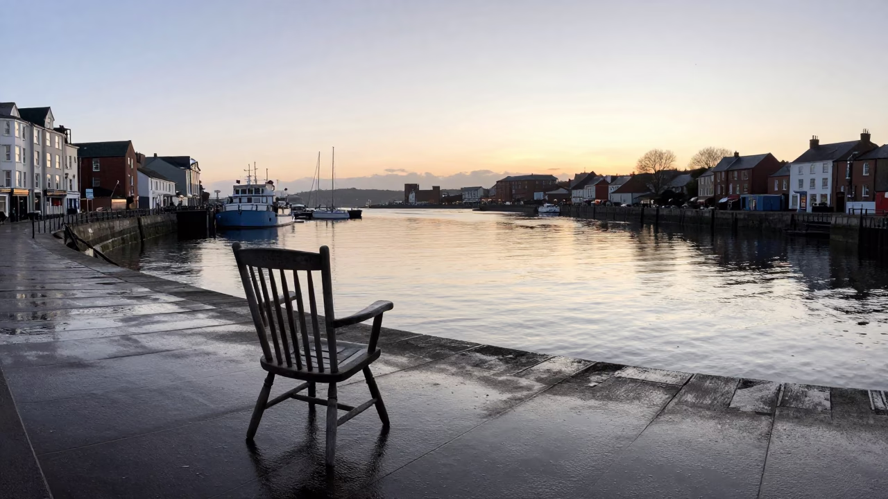 First Light Illuminating Bristol Harbour Waterfront with Spindle Chair and Urban Architecture in in Bristol, United Kingdom