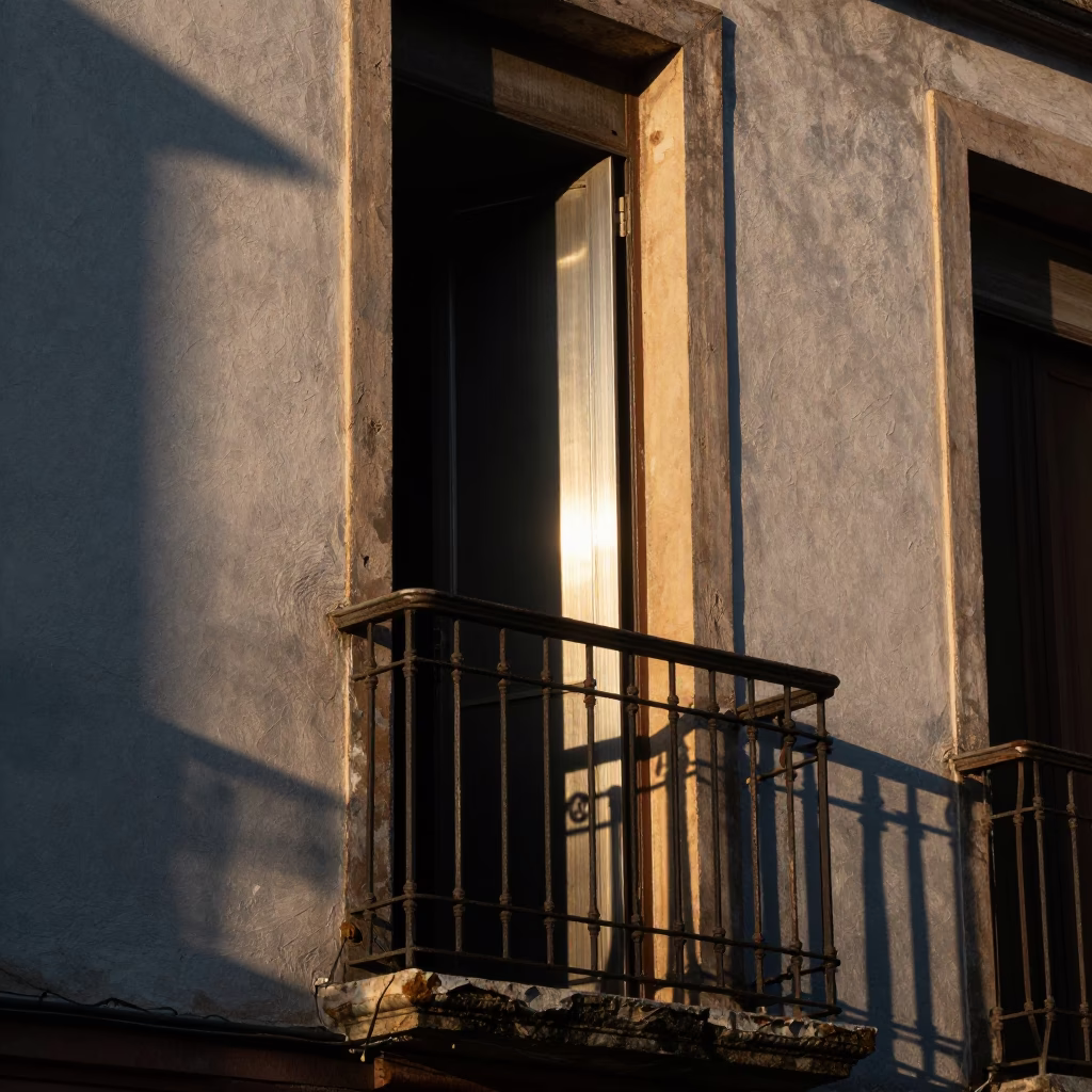 First light illuminating brushed steel doorframe and hinge on Buenos Aires balcony in in Buenos Aires, Argentina