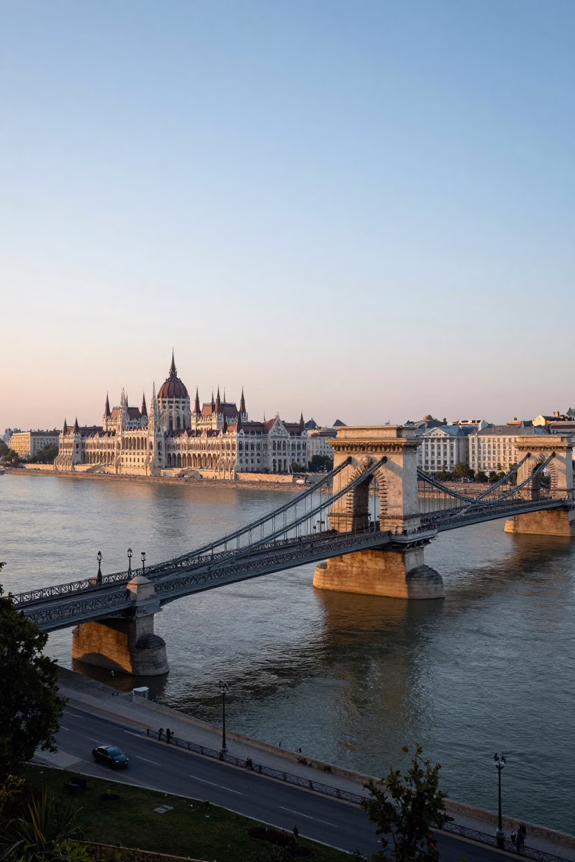 First Light Illuminating Budapest Danube Promenade with Historic Architecture and Morning Commuters in in Budapest, Hungary