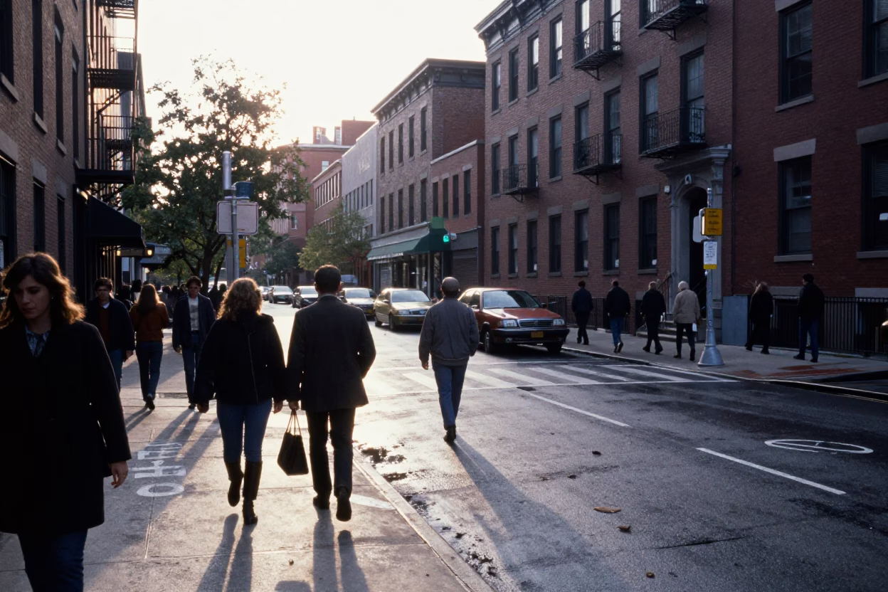First Light Illuminating Busy Boston Street Corner with Commuters and Local Shops in in Boston, Massachusetts, United States