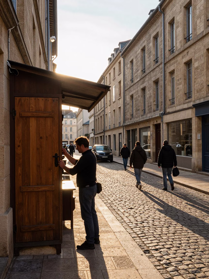 First Light Illuminating Busy Nice Street Scene with Latch and Local Activity in in Nice, France