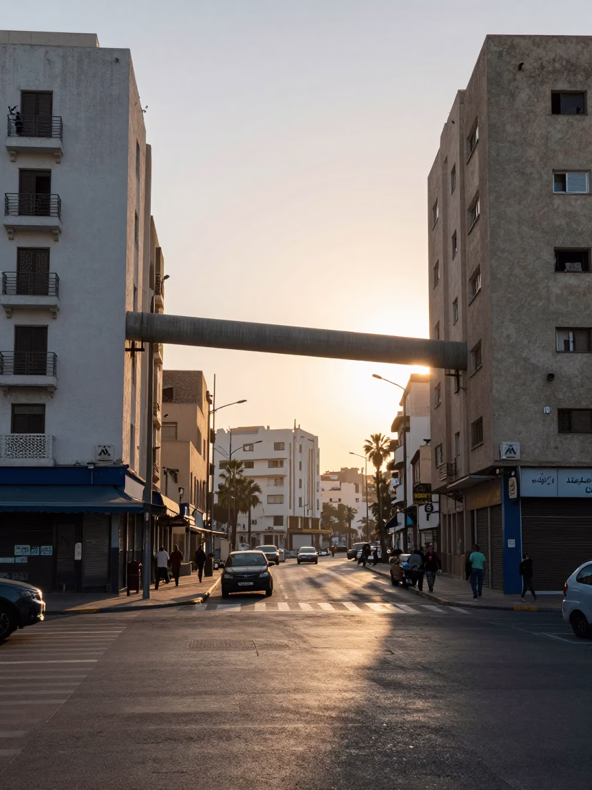 First Light Illuminating Casablanca Morocco Street Scene with District Heating Pipes and Apartment Blocks in in Casablanca, Morocco