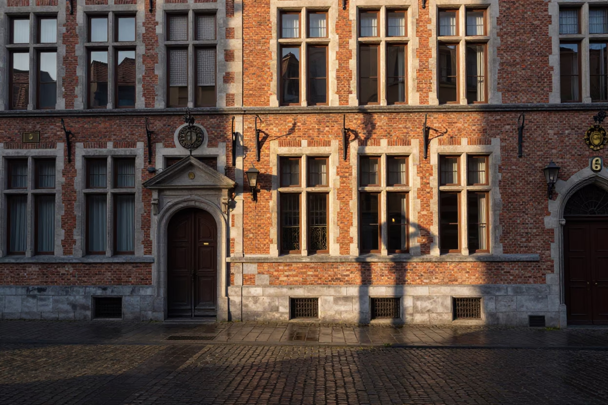First Light Illuminating Classic Brick Facades and Cobblestone Street in Brussels Belgium in in Brussels, Belgium