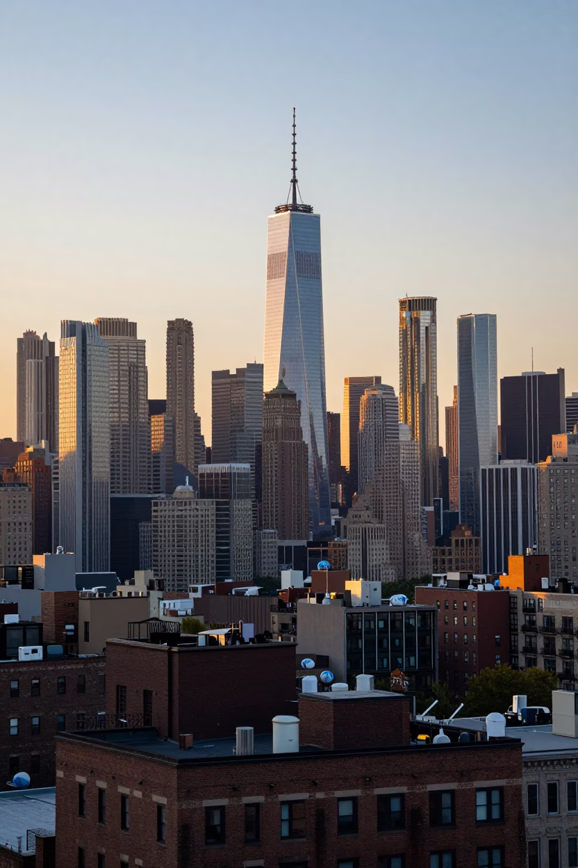 First Light Illuminating Classic New York City Skyline and Urban Rooftop Details in in New York, New York, United States